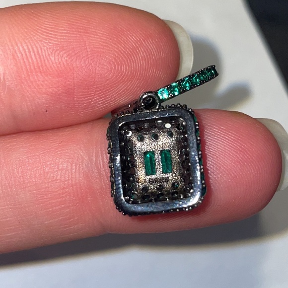 Emerald Green Iced Diamond Hoop Square Boho Fashion Square Hinges Earrings Pin - Picture 8 of 10